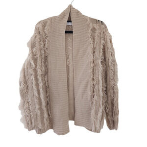 Storia Cardigan Small Tan Eyelash Textured Ribbed Fringe Long Sleeve Sweater